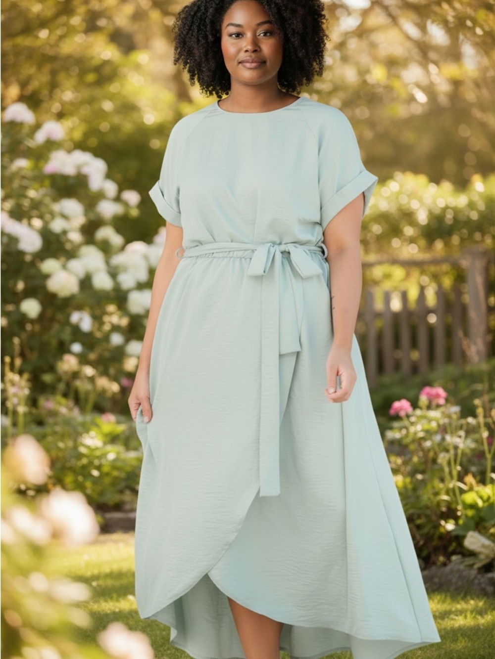 Light Blue High-Low Tie-Waist Midi Dress - Women's Elegant Daywear